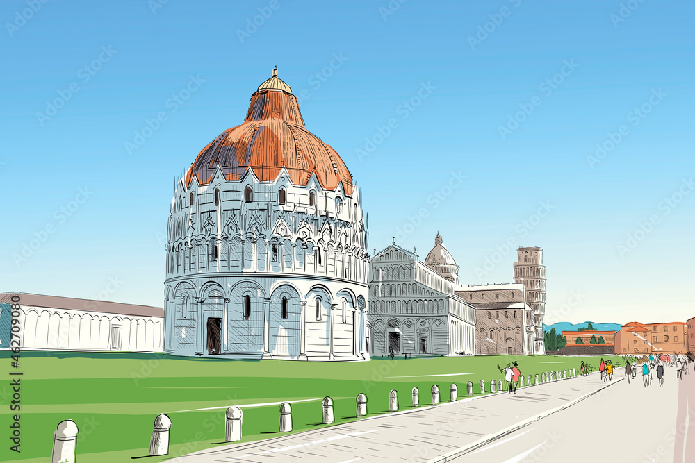 Baptistery in Pisa. Pisa Cathedral. 
Leaning tower of pisa. Pisa. Italy. Hand drawn sketch. Vector illustration.