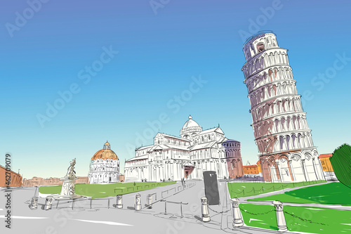Pisa Cathedral. Leaning tower of Pisa. Pisa. Italy. Hand drawn sketch. Vector illustration.