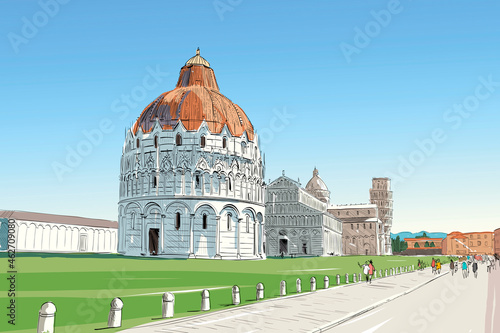 Baptistery in Pisa. Pisa Cathedral. 
Leaning tower of pisa. Pisa. Italy. Hand drawn sketch. Vector illustration.