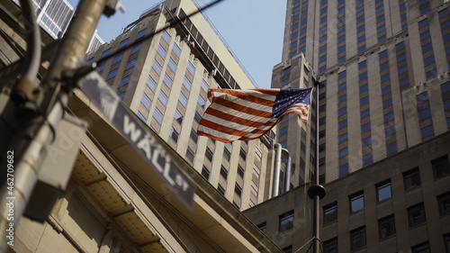 Wall Street sign with American flags in the background, shot in the heart of the business world in Manhattan. Business, finance, worldwide stock trade and economics concept.