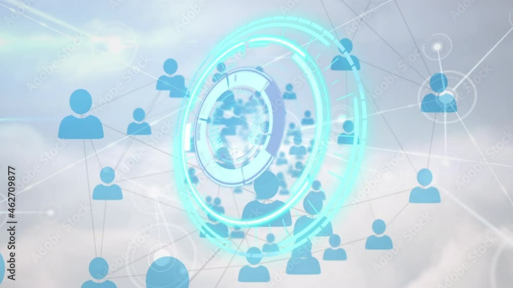 Animation of scope scanning and network of connections over clouds and sky Animation of scope scanning and network of connections over clouds and sky