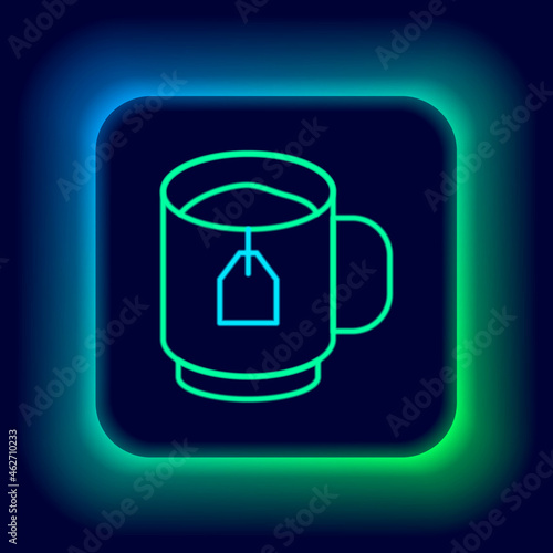 Glowing neon line Cup of tea with tea bag icon isolated on black background. Colorful outline concept. Vector