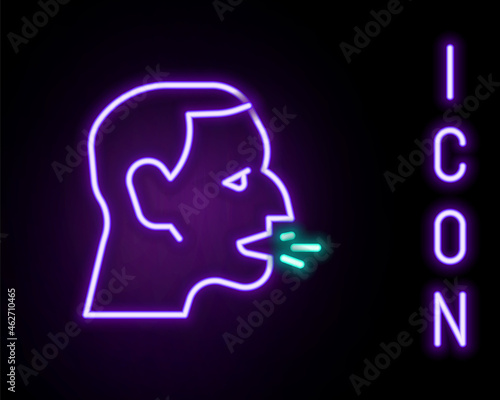 Glowing neon line Man coughing icon isolated on black background. Viral infection, influenza, flu, cold symptom. Tuberculosis, mumps, whooping cough. Colorful outline concept. Vector