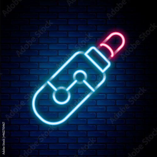 Glowing neon line Electronic cigarette icon isolated on brick wall background. Vape smoking tool. Vaporizer Device. Colorful outline concept. Vector