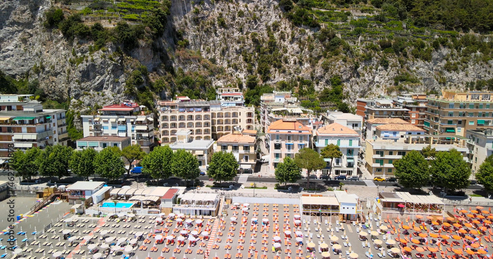 MAIORI, ITALY JULY 1ST, 2021 Homes of Maiori as seen from a drone
