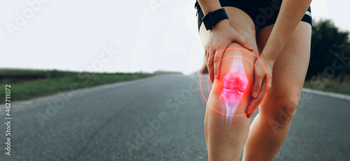  Joint  problems and tendon inflammation. Sporty woman who suffered a knee accident during the run.  
 photo