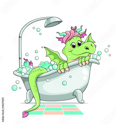 Cute little green cartoon dragon taking a bubble bath leaning over the tub and smiling, colored vector illustration isolated on white background