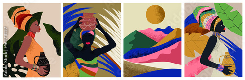 Set of four African woman in tribal style wearing traditional clothes with landscape, colored vector illustration