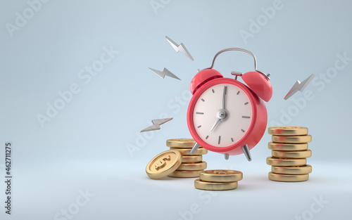 Alarm clock ringing and coins stack. Time to pay concept. Bundle of cash. Money-saving, cashless society concept on light background. 3d rendering