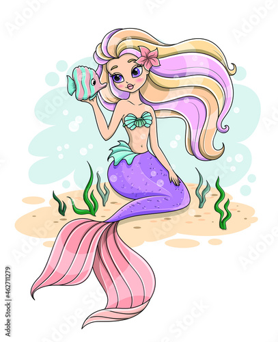 Cute little cartoon mermaid with fish in hand sitting on the underwater sand with her hair floating on the tide, cartoon vector illustration