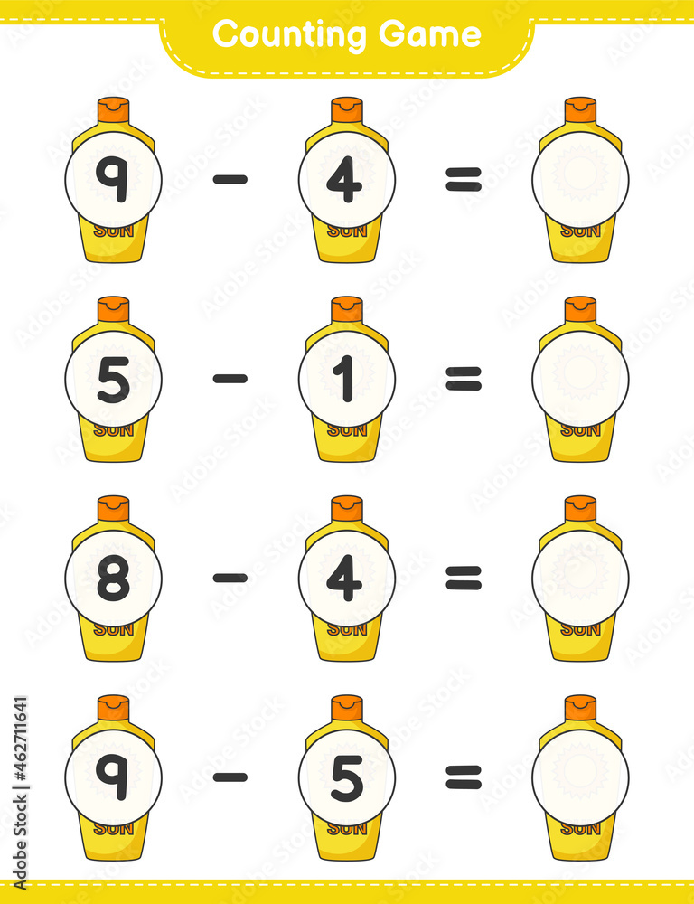 Fototapeta premium Counting game, count the number of Sunscreen and write the result. Educational children game, printable worksheet, vector illustration