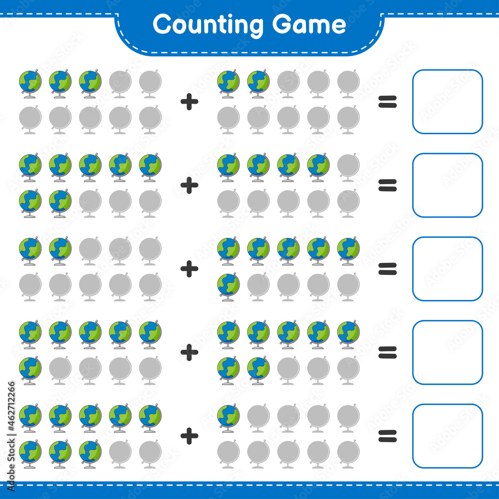 Counting game, count the number of Globe and write the result. Educational children game, printable worksheet, vector illustration
