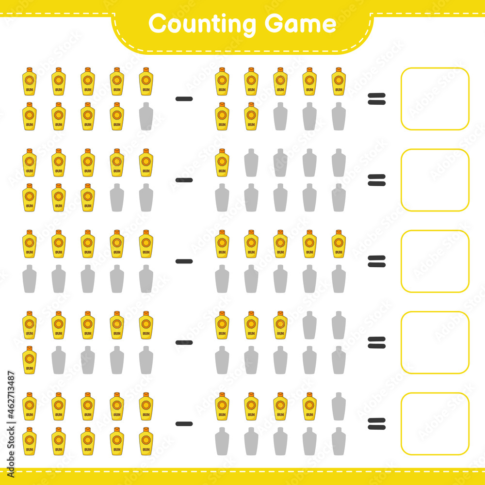 Fototapeta premium Counting game, count the number of Sunscreen and write the result. Educational children game, printable worksheet, vector illustration