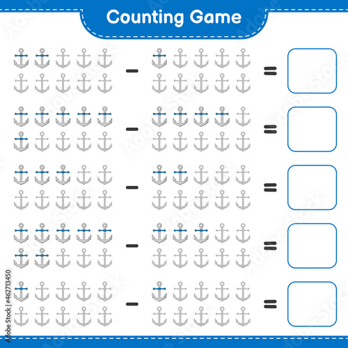 Counting game, count the number of Anchor and write the result. Educational children game, printable worksheet, vector illustration