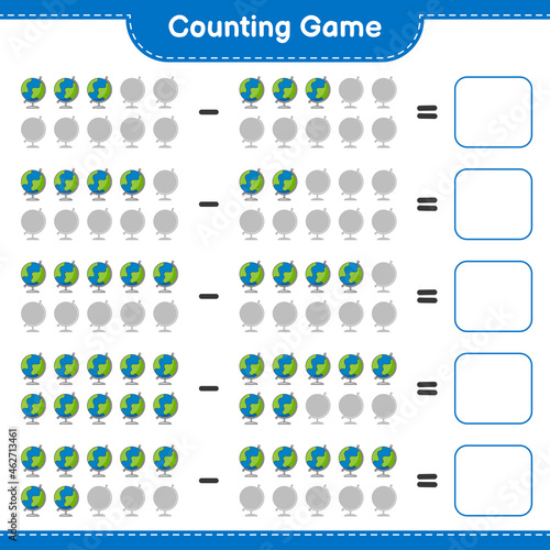Counting game, count the number of Globe and write the result. Educational children game, printable worksheet, vector illustration