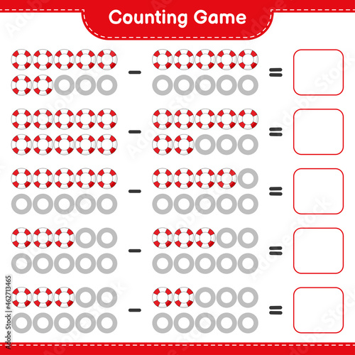 Counting game, count the number of Lifebuoy and write the result. Educational children game, printable worksheet, vector illustration