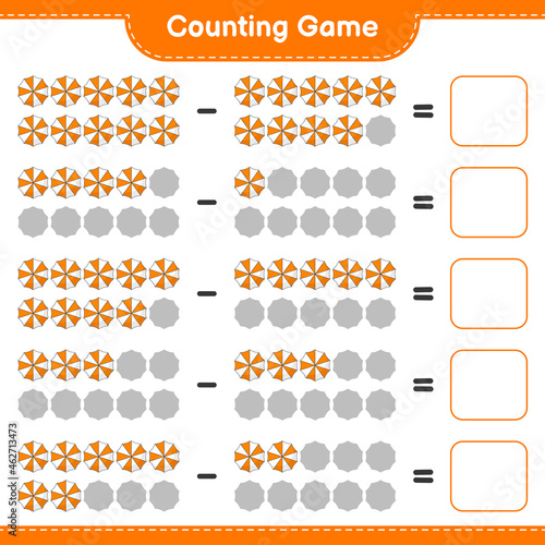 Counting game, count the number of Beach Umbrella and write the result. Educational children game, printable worksheet, vector illustration