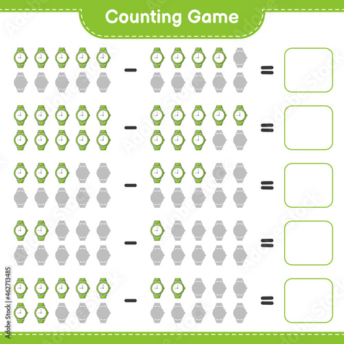 Counting game, count the number of Watches and write the result. Educational children game, printable worksheet, vector illustration