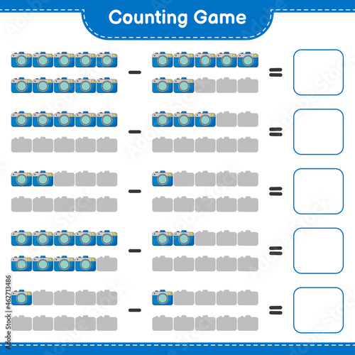 Counting game, count the number of Camera and write the result. Educational children game, printable worksheet, vector illustration