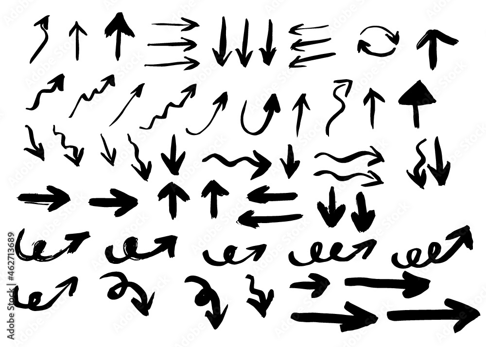 Grunge vector arrows. Dry brush strokes, hand drawn