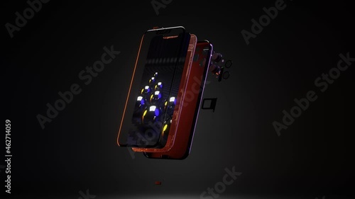 effective smartphone 3d presentation with disassembly into parts, futuristic gadget rotation with cameras, lenses, buttons, screen and main circuit, 4K photo