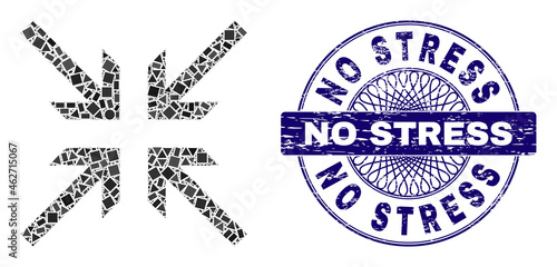 Geometric mosaic collide arrows, and No Stress unclean seal. Violet stamp seal includes No Stress caption inside circle form. Vector collide arrows mosaic is designed of random circle, triangle,