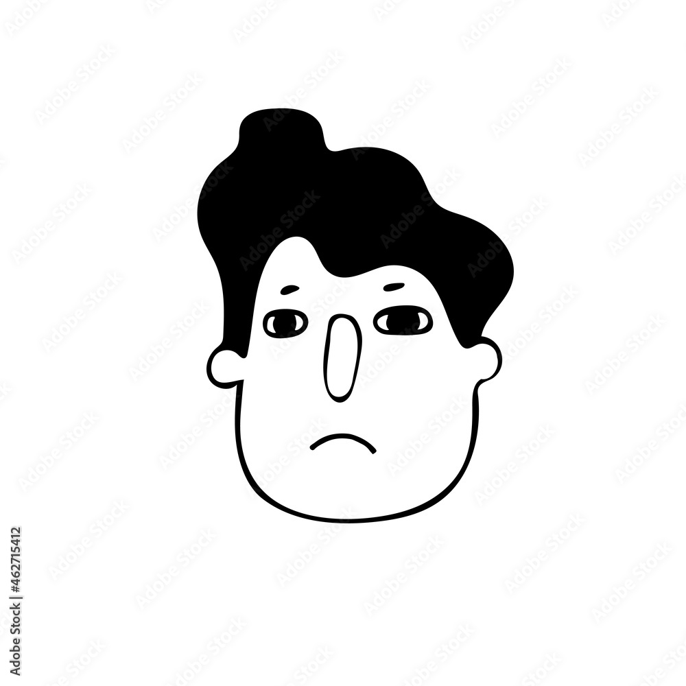 Portrait of sad woman with high hairstyle of black hair in doodle style isolated on white. Character of people doodle collection. Portrait of sad woman with high hairstyle of black hair in doodle style isolated on white. Character of people doodle collection.