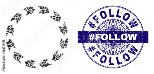 Geometric mosaic circulation, and #Follow unclean stamp seal. Violet stamp seal has #Follow text inside circle shape. Vector circulation mosaic is organized with random circle, triangle,