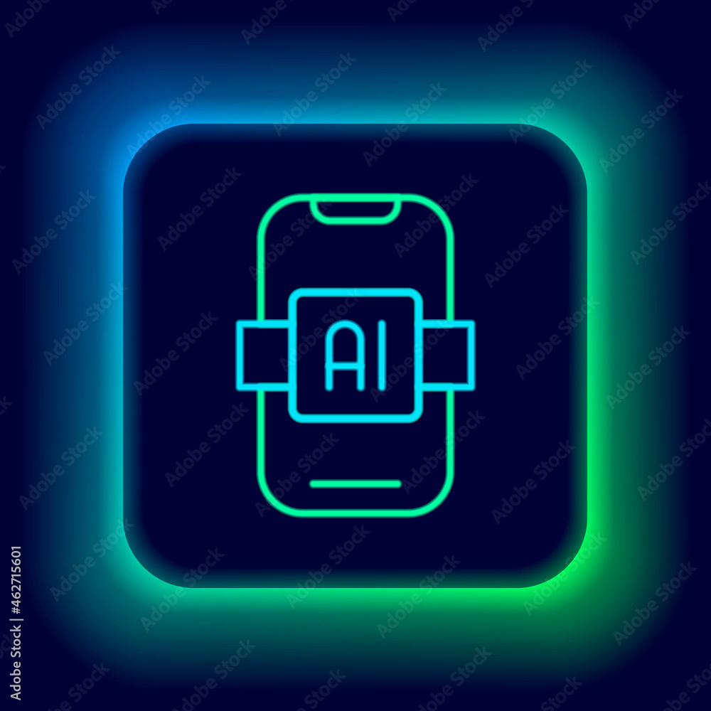 Glowing neon line Artificial intelligence AI icon isolated on black background. Machine learning, cloud computing, automated support assistance and networks. Colorful outline concept. Vector Glowing neon line Artificial intelligence AI icon isolated on black background. Machine learning, cloud computing, automated support assistance and networks. Colorful outline concept. Vector