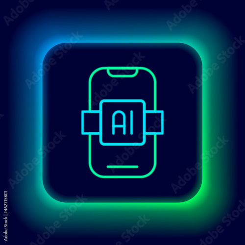 Glowing neon line Artificial intelligence AI icon isolated on black background. Machine learning, cloud computing, automated support assistance and networks. Colorful outline concept. Vector