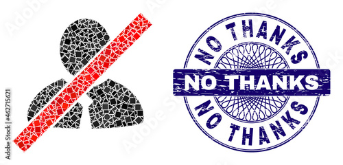 Geometric mosaic blacklisted clerk, and No Thanks unclean watermark. Violet stamp contains No Thanks tag inside circle form. Vector blacklisted clerk mosaic is constructed with scattered circle,