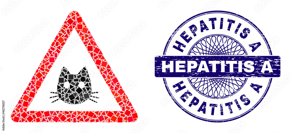 Obraz premium Geometric mosaic cat warning, and Hepatitis A corroded stamp seal. Blue stamp seal includes Hepatitis A caption inside round form. Vector cat warning mosaic is formed from randomized circle, triangle,