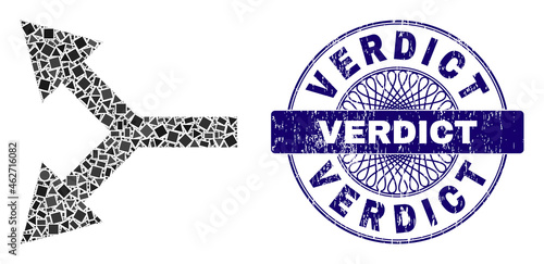 Geometric collage bifurcation arrow left, and Verdict unclean stamp. Blue stamp seal contains Verdict title inside circle form. Vector bifurcation arrow left collage is formed from random spheric,