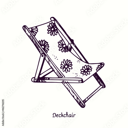 Deckchair with floral print. Ink black and white doodle drawing in woodcut style.