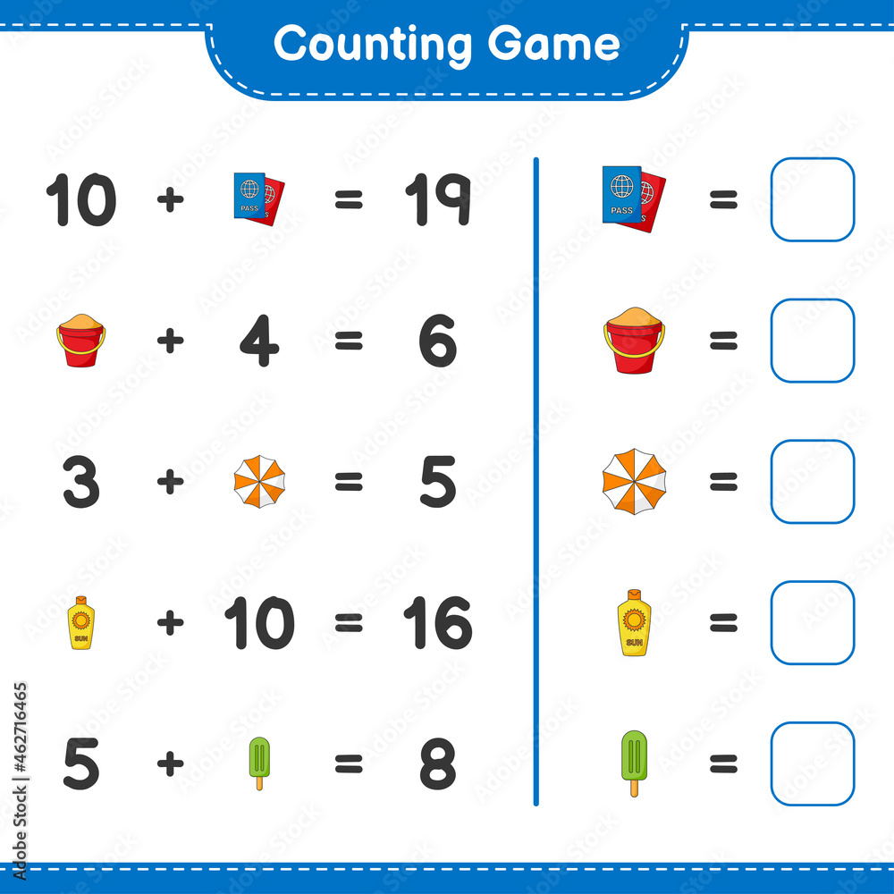 Counting game, count the number of Sunscreen, Ice Cream, Passport, Sand Bucket, Beach Umbrella and write the result. Educational children game, printable worksheet, vector illustration Counting game, count the number of Sunscreen, Ice Cream, Passport, Sand Bucket, Beach Umbrella and write the result. Educational children game, printable worksheet, vector illustration