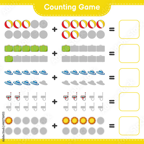 Counting game, count the number of Sun, Beach Ball, Luggage, Summer Hat, Scuba Diving Mask and write the result. Educational children game, printable worksheet, vector illustration