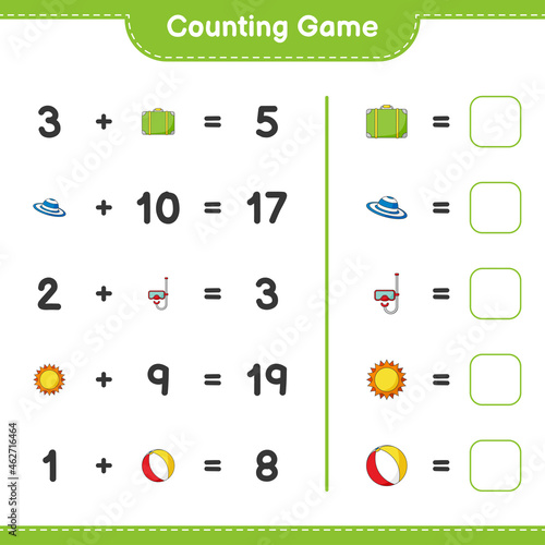 Counting game, count the number of Sun, Beach Ball, Luggage, Summer Hat, Scuba Diving Mask and write the result. Educational children game, printable worksheet, vector illustration