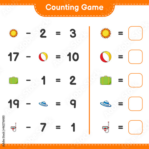 Counting game, count the number of Sun, Beach Ball, Luggage, Summer Hat, Scuba Diving Mask and write the result. Educational children game, printable worksheet, vector illustration