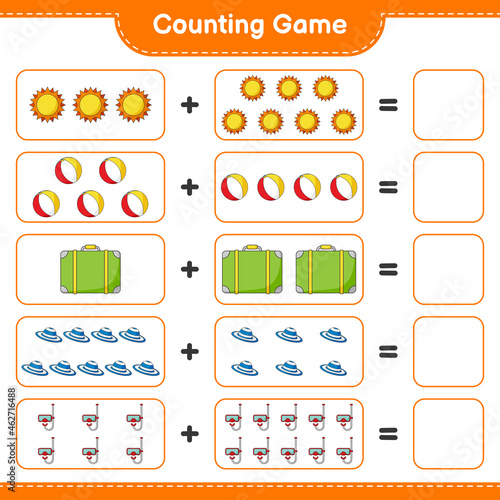 Counting game, count the number of Sun, Beach Ball, Luggage, Summer Hat, Scuba Diving Mask and write the result. Educational children game, printable worksheet, vector illustration