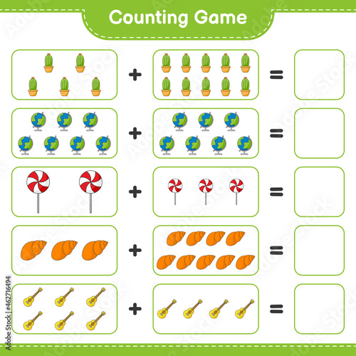 Counting game, count the number of Sea Shells, Ukulele, Cactus, Globe, Candy and write the result. Educational children game, printable worksheet, vector illustration