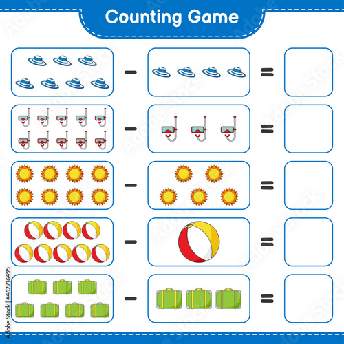 Counting game, count the number of Sun, Beach Ball, Luggage, Summer Hat, Scuba Diving Mask and write the result. Educational children game, printable worksheet, vector illustration