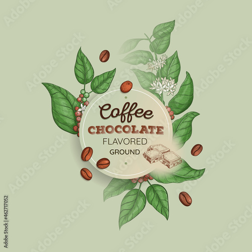 Coffee label illustration for design packaging. Coffee emblem with coffee arabica plant. Banner with sketch drawing print.