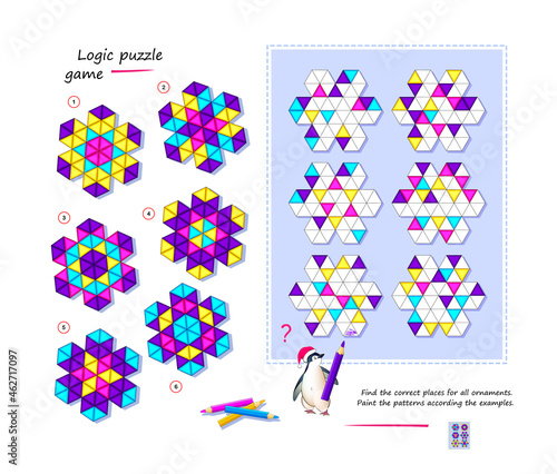 Logic puzzle game for kids. Find the correct places for all ornaments. Paint the patterns according the examples. Coloring book. Page for brain teaser book. Developing spatial thinking. Play online.
