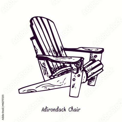 Adirondack Chair. Ink black and white doodle drawing in woodcut style.