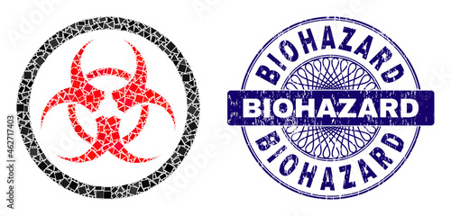 Geometric mosaic biohazard, and Biohazard grunge seal imitation. Blue seal contains Biohazard text inside circle shape. Vector biohazard mosaic is formed of scattered circle, triangle, square parts.