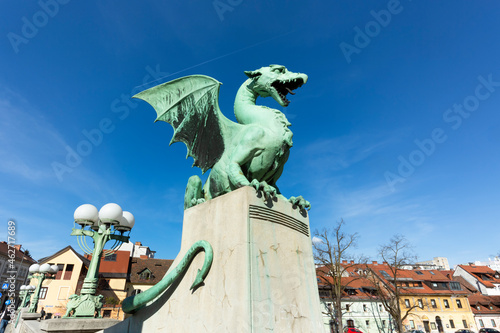 Slovenia, Ljubljana, bronze dragon sculpture of Zmajski most photo