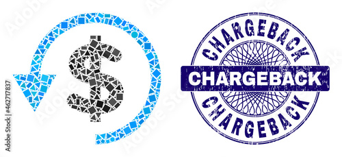 Geometric collage chargeback, and Chargeback rubber stamp. Blue stamp includes Chargeback title inside circle form. Vector chargeback collage is done of randomized circle, triangle, square parts.