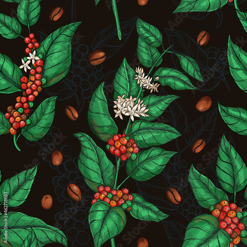 Coffee vector seamless pattern for fabric, wallpaper, gift wrap, product packaging. Design textile illustration with coffee plant, vintage style. 