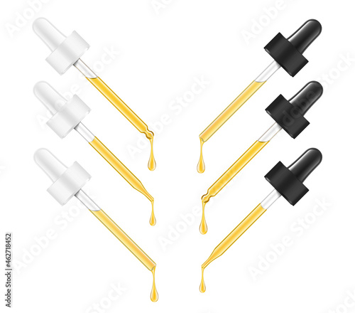 Pipette mockup for dropper bottle isolated on white background. Vector illustration. Front view. Сan be used for cosmetic, medical and other needs. EPS10.