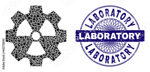 Geometric mosaic atomic industry, and Laboratory unclean stamp seal. Violet stamp includes Laboratory title inside circle form. Vector atomic industry mosaic is made from random circle, triangle,